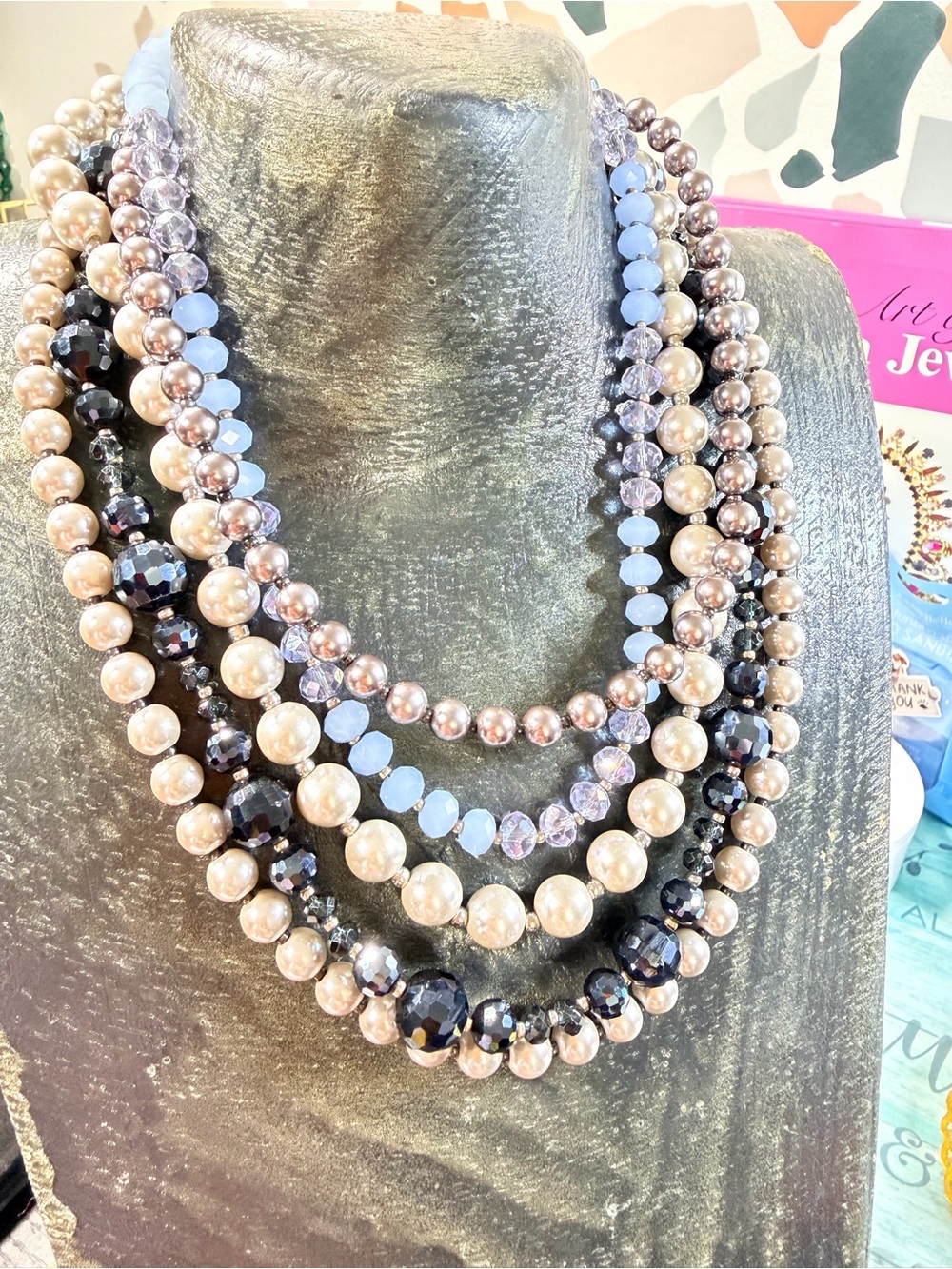 designer glass pearl /crystal multi 5 strand statement necklace whbm!!